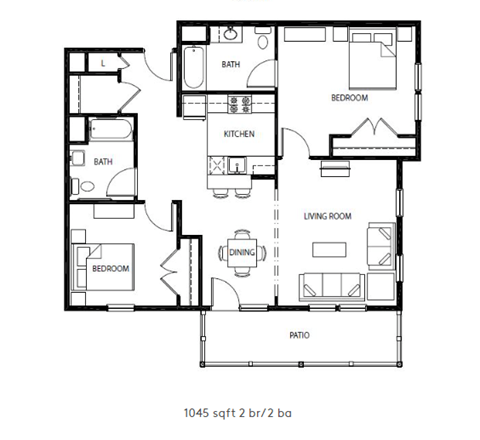 Floor plan for 2 beds, 2 baths, 1045 sqft